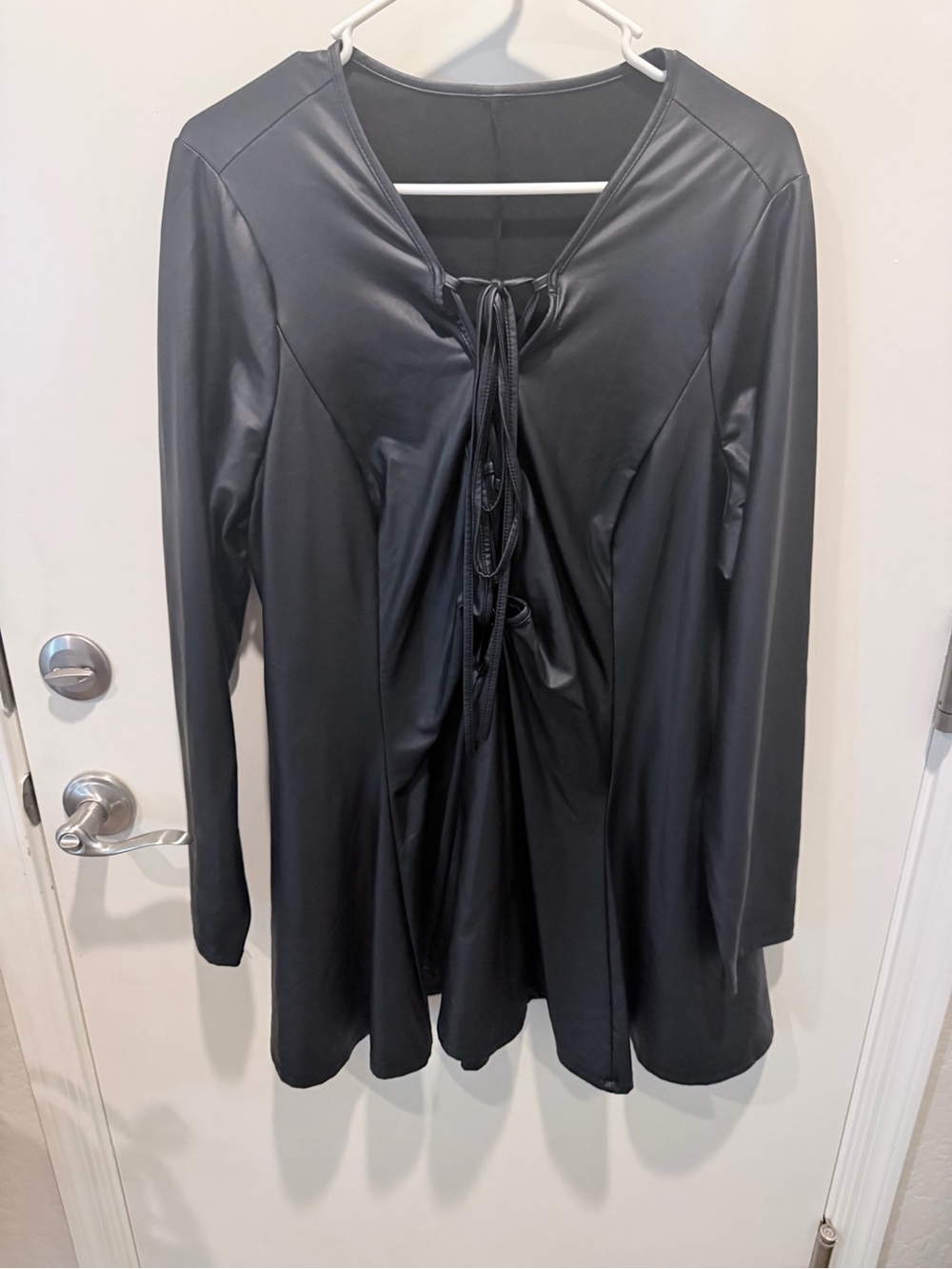 Dolls Kill Black Faux Leather Lace-Up Long Sleeve Mini Dress